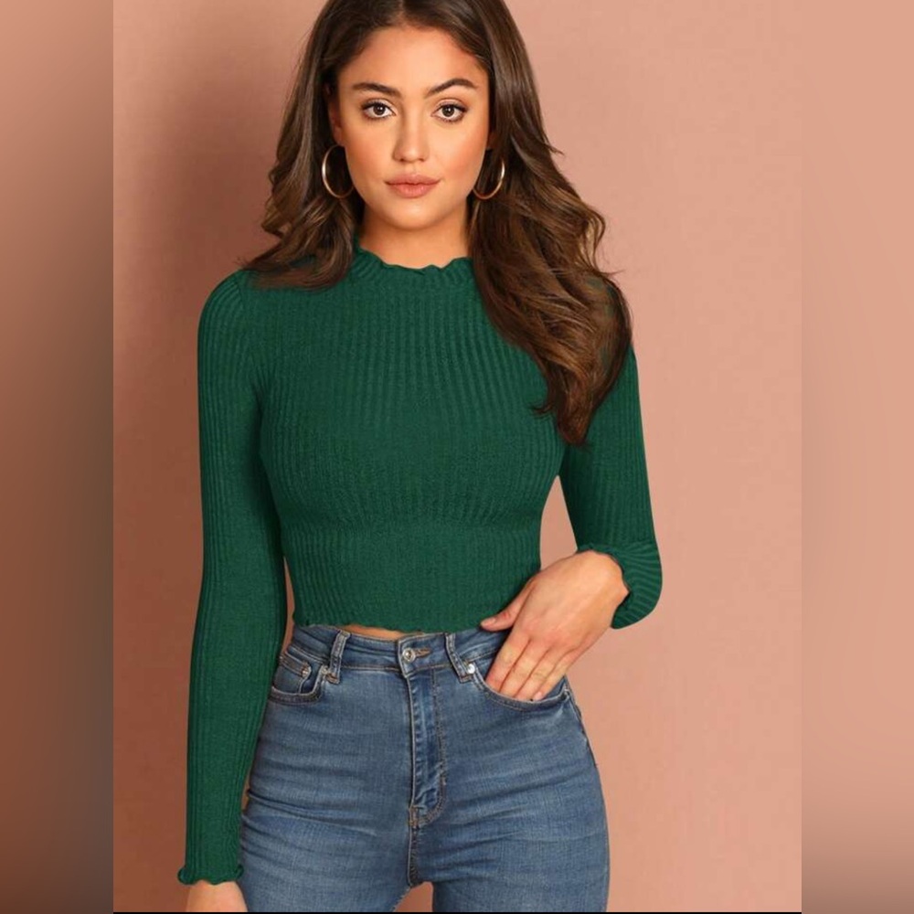 SHEIN Essence Women Green Lace Trim Long Sleeve Casual Blouse sz M